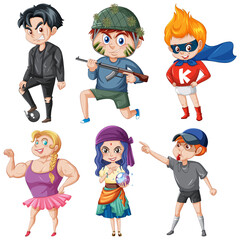 Set of young people doing different actions