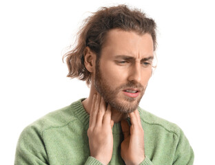 Ill man with sore throat on white background