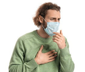 Ill man in medical mask on white background