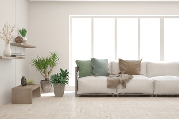 Naklejka premium White living room with sofa. Scandinavian interior design. 3D illustration