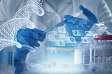 Scientist with tube pcr and virtual screen with data scientific at genetic engineering lab. Biomedical engineer genetic working with microtubes in biotechincal laboratory