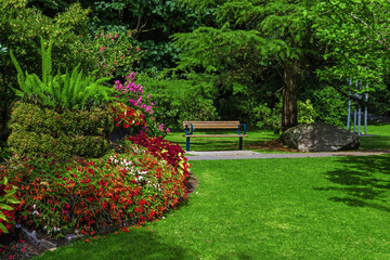 Resting place at the Park in Vancouver City. Bench is located under the canopy of spreading tree on a green lawn with flower beds among flowering shrubs,   British Columbia, Canada