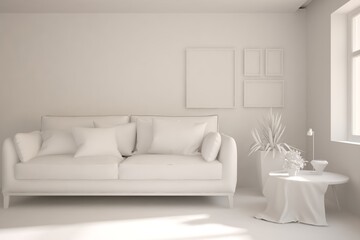 Fototapeta na wymiar Mock up of minimalist living room in white color with sofa. Scandinavian interior design. 3D illustration