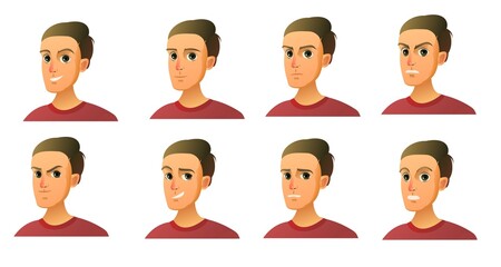 Young guy set of emotions. Different tempers. Boy man face. Comic fun person. Cute cartoon style. Isolated on white background. Vector