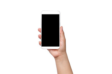 hand holding a smartphone on a black screen isolated on white background with the clipping path.