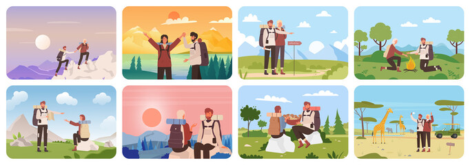 Tourist couple in outdoor travel adventure set vector illustration. Cartoon hiker characters trekking in scenic nature landscape, climbing on mountain top, hiking with backpacks. Tourism concept