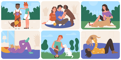 People play with pets set, spend fun time vector illustration. Cartoon kid and adult pet owner characters playing with cat and dog in nature landscape or at home. Love for domestic animals concept