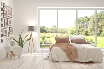 Stylish bedroom in white color with summer landscape in window. Scandinavian interior design. 3D illustration