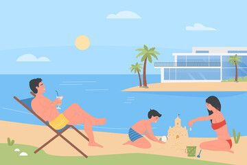 Summer family vacation in resort of tropical sea beach. Happy dad, mom and baby characters playing seaside, building sand castle and sunbathing flat vector illustration. Travel, recreation concept