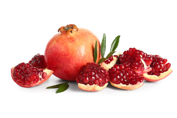 Tasty ripe pomegranates on white background