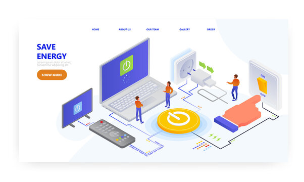 Save energy, landing page design, website banner vector template. Reduce electricity, turn off the lights and devices.
