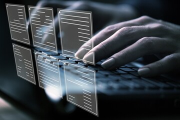 Businessman working at laptop computer and digital documents with checkbox lists. Law regulation and compliance rules on virtual screen concept.