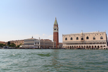 Fototapeta na wymiar Panorama view of Venice with Doge's Palace, St Mark's Campanile seen from Giudecca Canal in Veneto, Italy