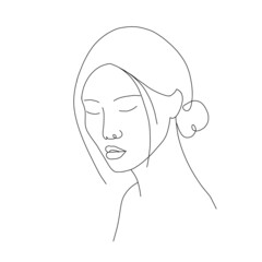 Asian woman face line art. Abstract minimal female portrait with closed eyes. Hand drawn outline female silhouette. Vector illustration in one line style. Beauty logo.