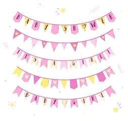 A set of colorful garlands for the birth of a girl. Vector design elements for baby shower invitations, posters or banner