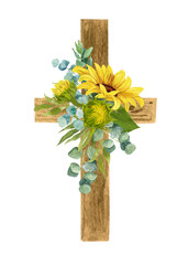 Set of wooden watercolor cross with eucalyptus and sunflowers on a white background. For first communion, baptism invitations, easter.