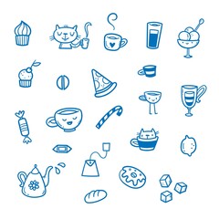 Vector coffee set. Doodle cafe collection. Cute print things food, drinks and utensils.