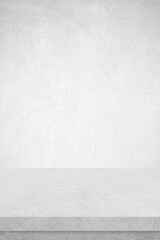 Empty white cement table over white cement concrete wall background, banner, table top, shelf,...