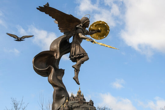 Sculpture of Saint Michael the Archangel the, guardian of Kyiv in Volodymyr Hill park in Kyiv, Ukraine. March 2022