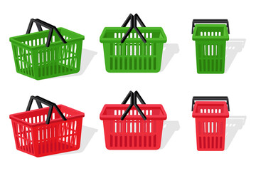 A basket set for red and green products.Vector illustration of a red supermarket basket in different angles.