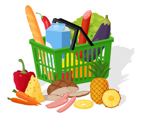 Basket with products.Vector illustration of a red supermarket basket with supermarket food.