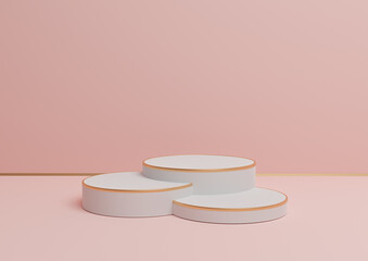 Pastel, light red, salmon pink 3D rendering simple product display with three podiums or stand with golden line minimal background composition for luxurious products