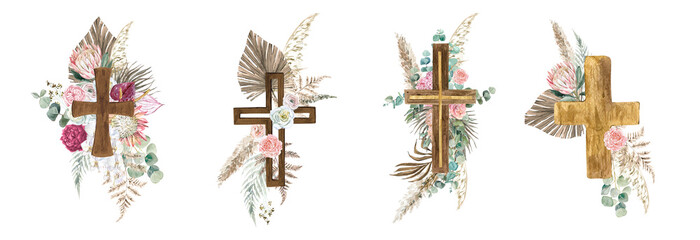Set of boho wooden watercolor cross with eucalyptus, fern and roses on a white background. For first communion, baptism invitations, easter.