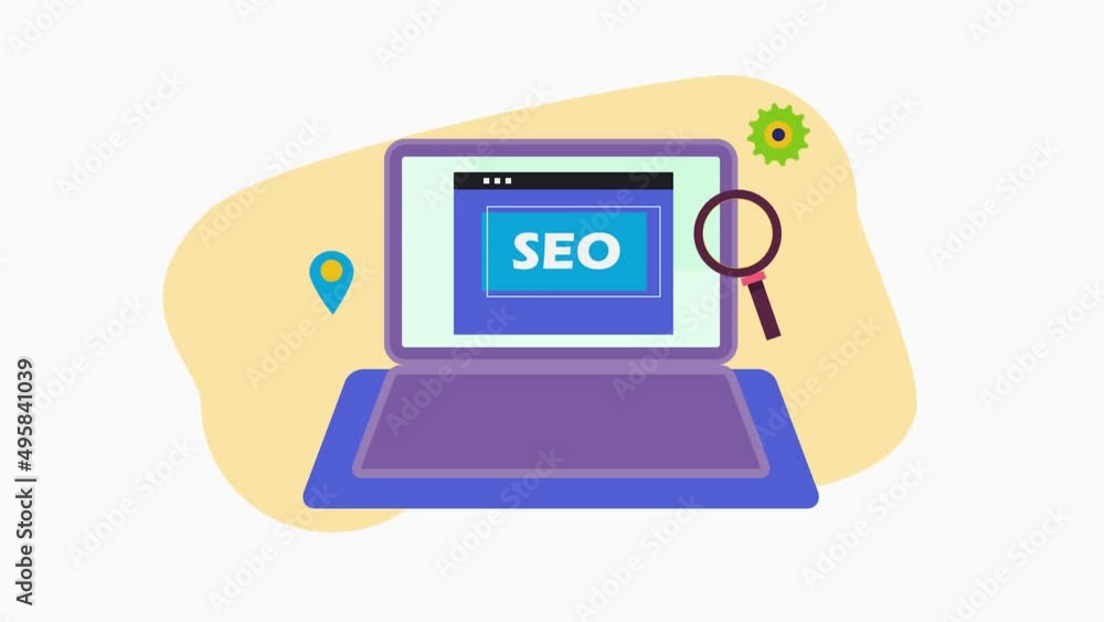 Poster seo website optimization concept, laptop with seo text on screen, magnifier and local seo. 2d animat