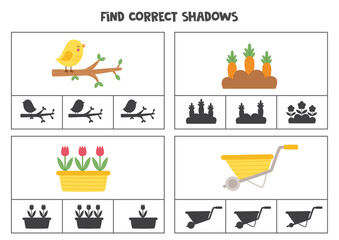 Find correct shadow of spring pictures. Printable clip card games for children.