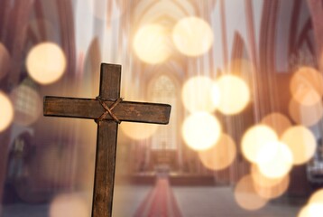concept for religion worship and prayer. Abstract crucifix cross silhouette in church interior