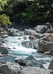 Naklejka na ściany i meble Mountain River of Clear Blue Water Running down Rocks in Fiordland National Park New Zealand