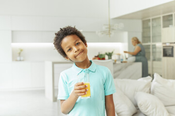 Funny child boy drinking glass of healthy orange juice at home