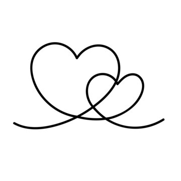 Two hearts. Romantic continuous one line drawing connecting two hearts, love valentine sign, tattoo art minimalist design vector sketch concept