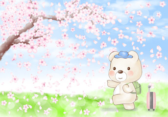 A trip with a cute bear character. Cherry blossom viewing and cherry blossom ending trip on a sunny spring day.