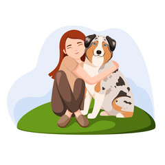 A girl with a dog on a walk. Cartoon design.
