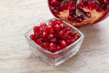 Ripe red Pomegranate seeds in the bowl