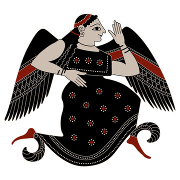 Winged ancient Greek goddess Eris or Nike. Vase painting style.