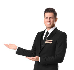 Portrait of happy receptionist in uniform on white background
