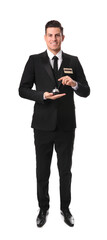 Obraz premium Happy receptionist in uniform holding service bell on white background