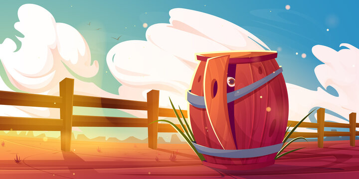 Wild west landscape, american ranch with wooden fence and barrel. Vector cartoon illustration of western desert, country scene with someone hiding in wood barrel