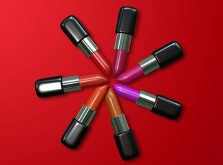 Obraz premium colorful lipstick on red background, 3D rendering image. 