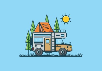 Strong big camper van camping illustration