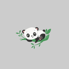Illusration, logo mascot of panda or baby panda relaxing on the bamboo tree on grey background