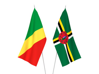 National fabric flags of Dominica and Republic of the Congo isolated on white background. 3d rendering illustration.