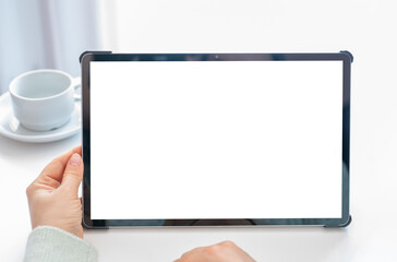 Tablet screen mockup. Video conference. Online communication. Modern technology. woman hand hold mock up tablet with white blank screen. Template for online advertisement