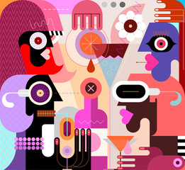 Friends At A Cocktail Party.
People drink cocktails and talk to each other. Group of friends enjoying drinks at a cocktail party. Modern digital painting vector illustration.
