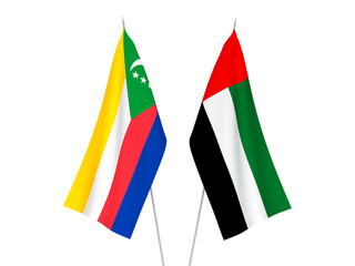 National fabric flags of United Arab Emirates and Union of the Comoros isolated on white background. 3d rendering illustration.