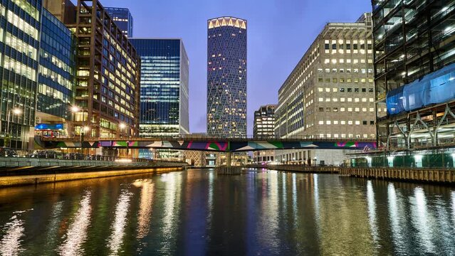 London, docklands, Canary Wharf night timelapse . England, UK