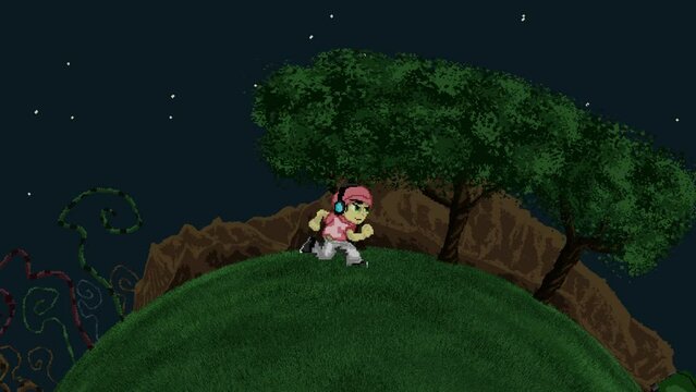 Animation video of a small boy wearing headphone while running round in circle around the world at night time with star in the dark sky.