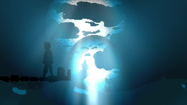 Animation video of a lonely boy alone looking at the horizon near the beach during storm with lightning. Silhouette of a boy in storm. Animation created to play in loop.